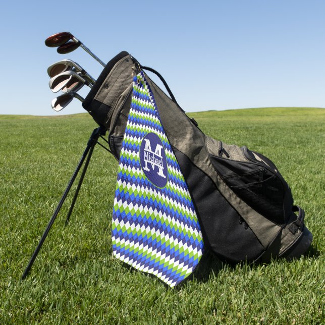 Blau, Kalkgrün und Weiß Mit Monogramm Raute Golfhandtuch (Gras)