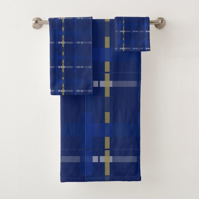 Blau kariert auf Blues, Gold & Silber Badhandtuch Set (Insitu)