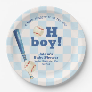 Blau kariert Little Slugger Baseball-Baby-Party Pappteller