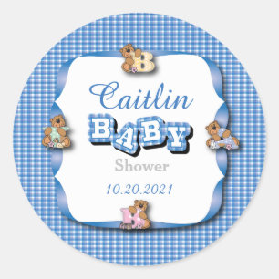 Blau Kariert mit Baby Bears   Baby Boy Dusche Runder Aufkleber