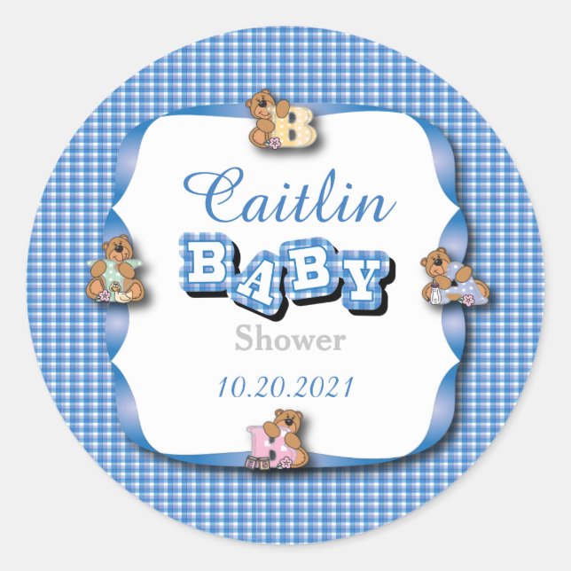 Blau Kariert mit Baby Bears | Baby Boy Dusche Runder Aufkleber (Vorderseite)