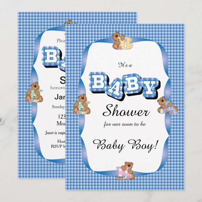Blau Kariert mit Baby Bears| Babydusche Einladung (Vorne/Hinten)