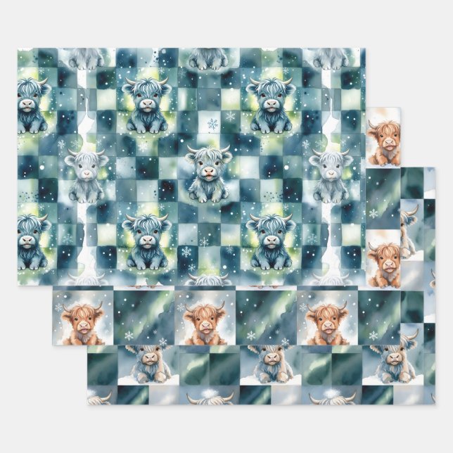 Blau Karierter Highland-Rind Schnee Winter Geschenkpapier Set (Set)