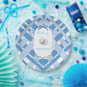 Blau karierter Junge Baby Shower Bär Band Pappteller