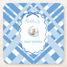 Blau karierter Junge Baby Shower Bär Band Quadrati