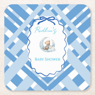 Blau karierter Junge Baby Shower Bär Band Quadrati Rechteckiger Pappuntersetzer