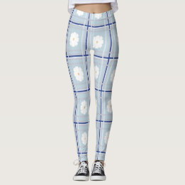 Blau kariertes Gänseblümchen-Muster Leggings