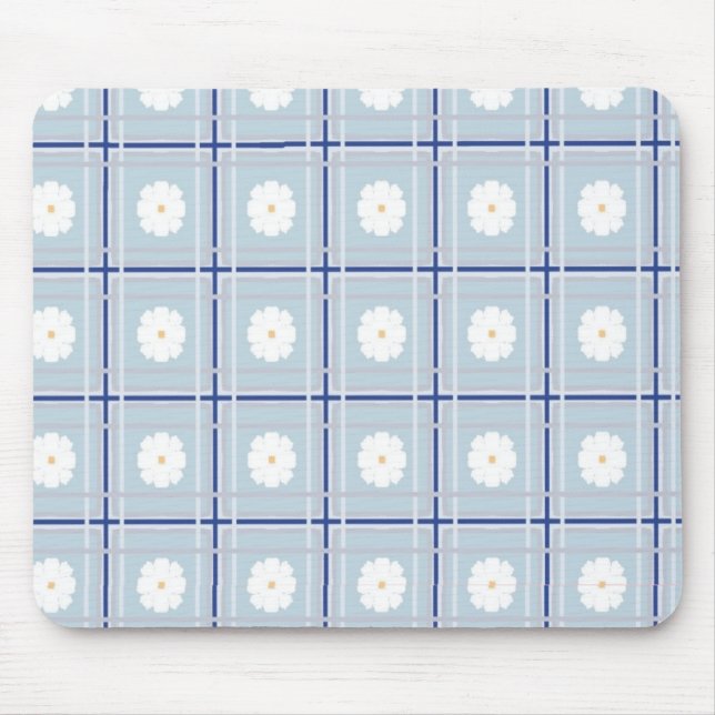 Blau kariertes Gänseblümchen-Muster Mousepad (Vorne)