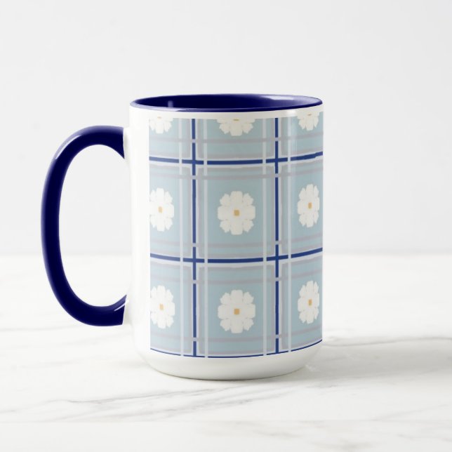 Blau kariertes Gänseblümchen-Muster Tasse (Links)