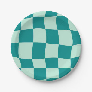 Blau kariertes Muster Groovy Retro Pappteller