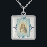 Blau |Kind | Jungfrau Mary | Religiös Sterling Silberkette<br><div class="desc">Das ist ein schönes Bild der gesegneten Mutter als kleines Kind mit blauen Blumen im Hintergrund.</div>