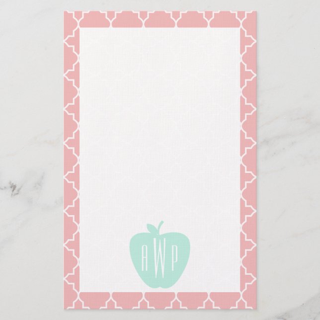 Blau + Korallenroter Quatrefoil Monogramm-Lehrer Briefpapier (Vorderseite)