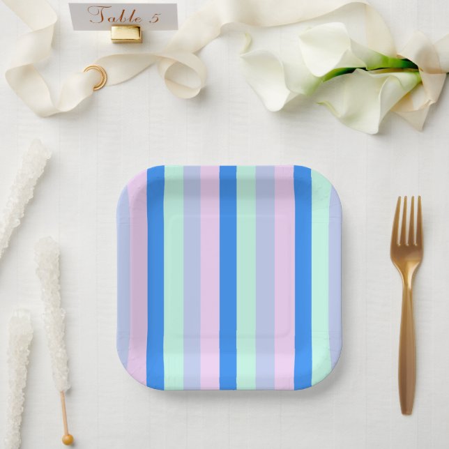Blau, Lavendel, Rosa und Pastellfarben Grüne Strei Pappteller (Hochzeit)