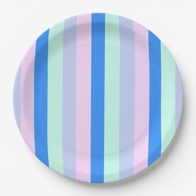 Blau, Lavendel, Rosa und Pastellfarben Grüne Strei Pappteller (Vorderseite)
