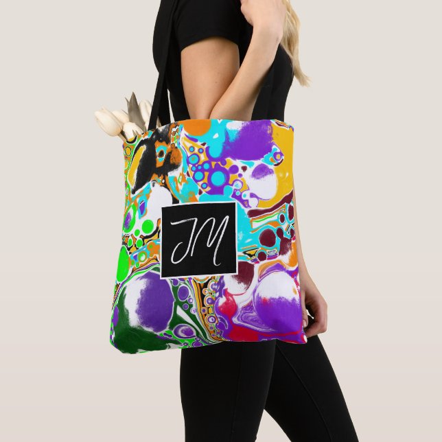 Blau, Lila orange, schwarz Marmorflüssigkeit Kunst Tasche (Von Nahem)
