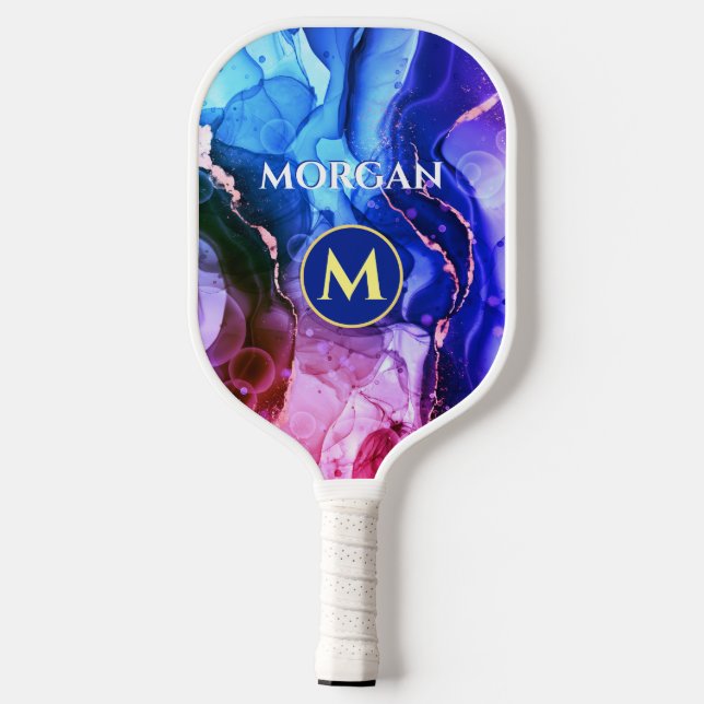 Blau Lila Rot-Violet-Flüssigkeits-Tinte, Monogramm Pickleball Schläger (Rückseite)