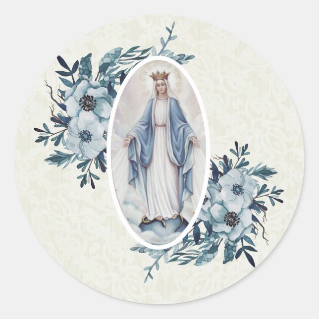 Blau |Madonna | Jungfrau Mary | Spitze Runder Aufkleber (Vorderseite)