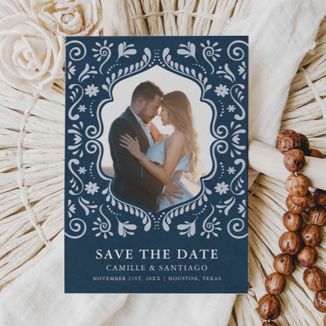 Blau mexikanisches Themed Foto Save the Date (Blue Talavera Mexican Themed Save the Date with Photo)