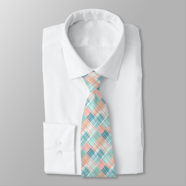 Blau, Minze, Peach & White Madras Kariert Krawatte (Gebunden)