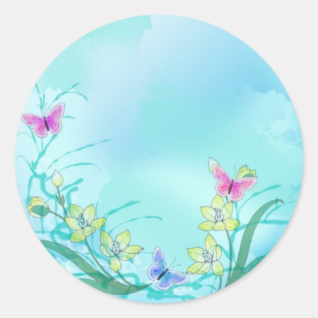 Blau mit Blume und Schmetterlingen Runder Aufkleber (Vorderseite)