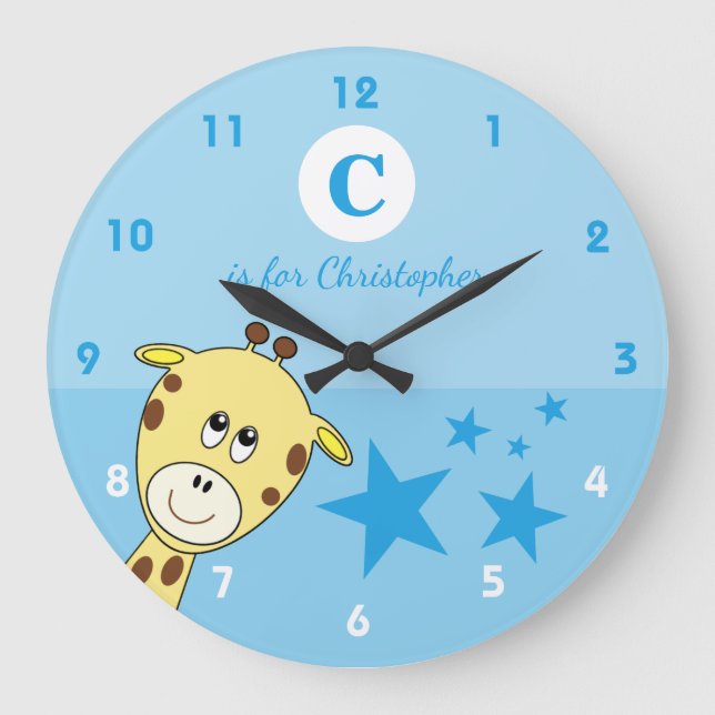 Blau mit einem niedlichen Giraffensternamen Große Wanduhr (Vorderseite)