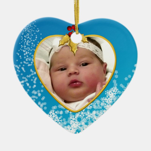 Blau mit erstem Herzen des Schnee-Babys Weihnachts Keramik Ornament (Vorne)