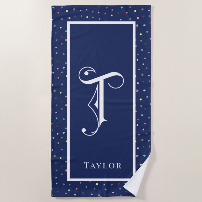 Blau mit farbigen Dots Dekoratives Scroll Monogram Strandtuch (Vorderseite)