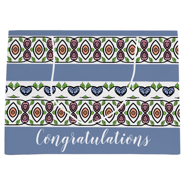 Blau mit farbigen Mustern Große Geschenktüte (Vorderseite)