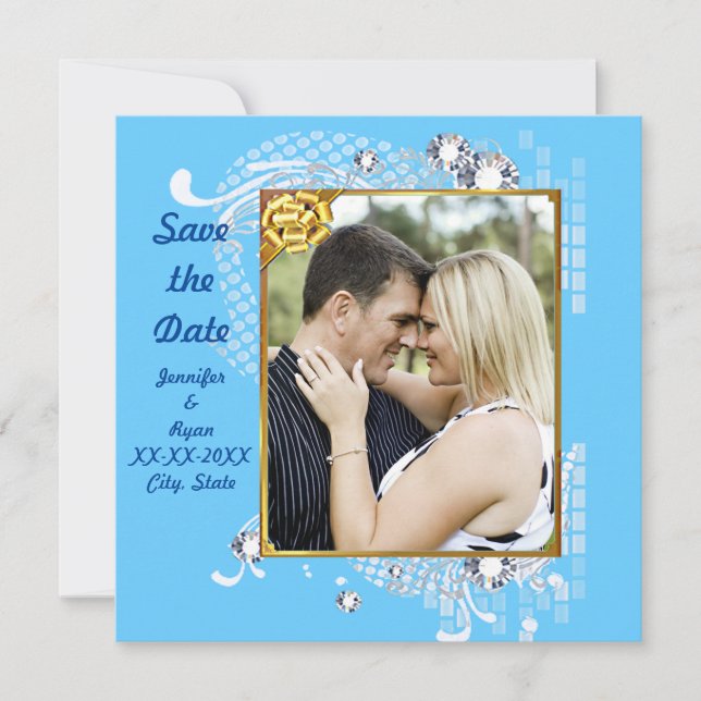 Blau mit Frame Diamonds Save the Date flache Karte (Vorderseite)