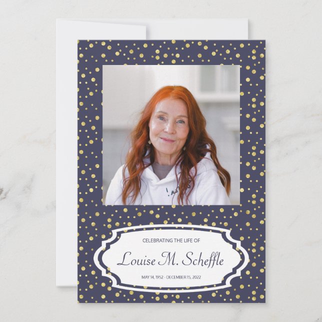 Blau mit Gold Dots Feier zum Lebensgedanken Einladung (Vorderseite)