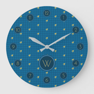 Blau mit goldener Akzent-Hahnentrittmuster-Uhr Große Wanduhr