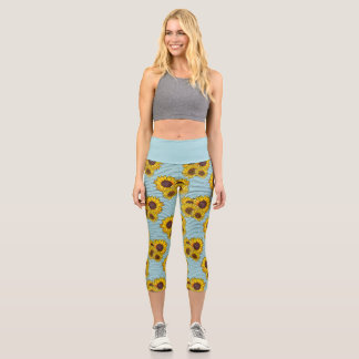 Blau mit hellgelben Wasserfarben Sonnenblumen Capri Leggings