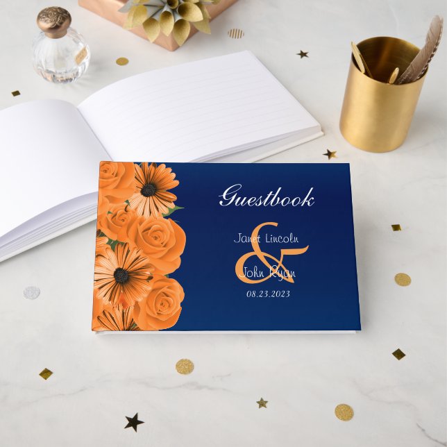 Blau mit Orange Rose & Daisy Guestbook Gästebuch (Vorderseite Offen)