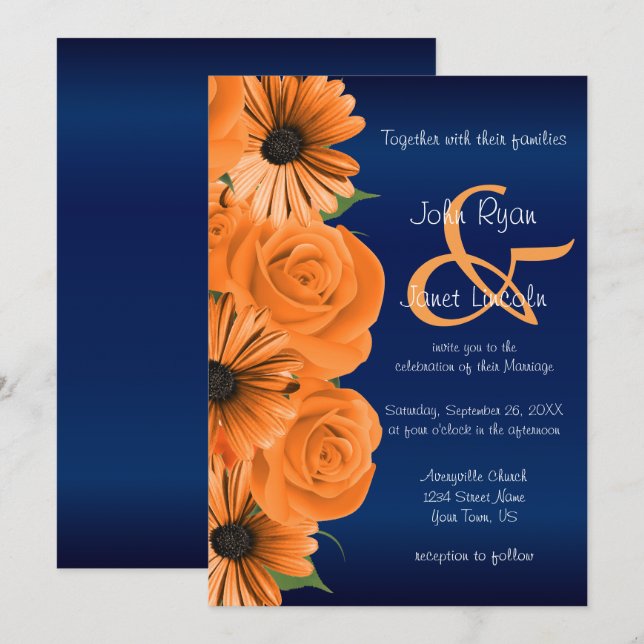 Blau mit Orange Rose & Daisy Wedding Einladungen (Vorne/Hinten)