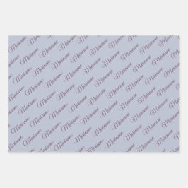 Blau mit Pflaumentext. Geschenkpapier Set