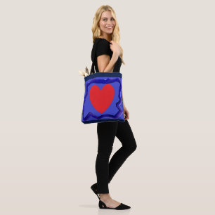 Blau mit rotem Herz und Kunstgrenze Großes Einkauf Tasche
