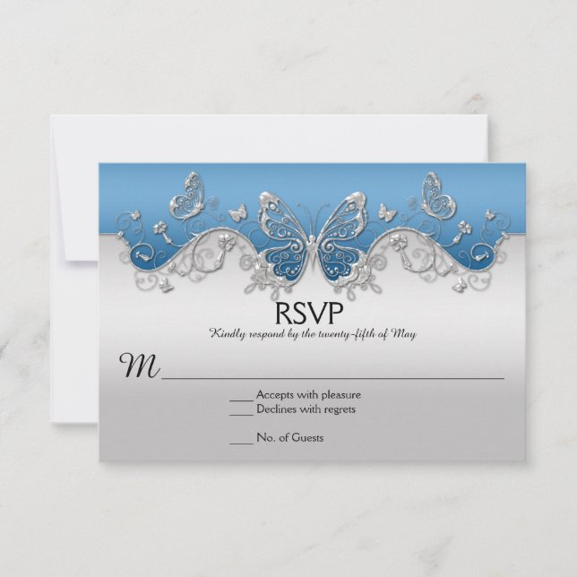 Blau mit Verzierter Silber-Schmetterlingskarte RSV RSVP Karte (Vorderseite)