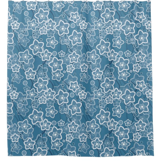 blau mit Weiß, blau, Blume, blumig, rustikal, fa Duschvorhang (Vorderseite)