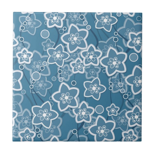 blau mit Weiß, blau, Blume, blumig, rustikal, fa Fliese (Vorderseite)