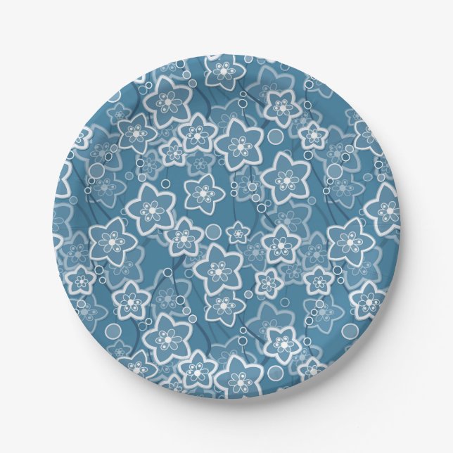 blau mit Weiß, blau, Blume, blumig, rustikal, fa Pappteller (Vorderseite)