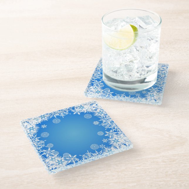 BLAU MIT WEISSEN WINTERSCHNEEEN GLASUNTERSETZER (Schrägansicht)