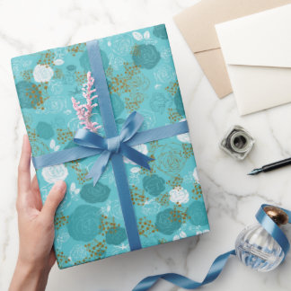 Blau | Moderne und elegante Imitate Glitzer Floren Geschenkpapier