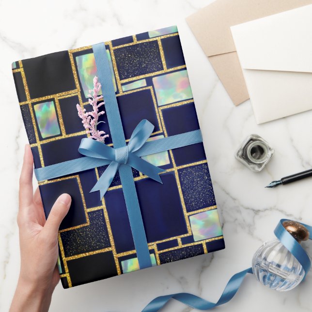 Blau | Modernes Imitat Glitzer & Opal Wrapping Pap Geschenkpapier (Schenken)