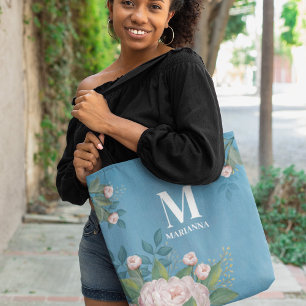 Blau Monogramm Blütenrosa Blütenfarbe Tasche