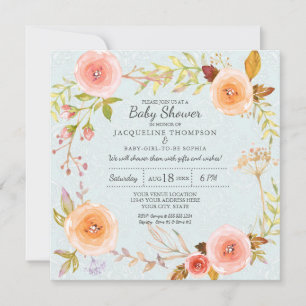 Blau n Rosa Wasserfarben Floral Damask Babydusche Einladung