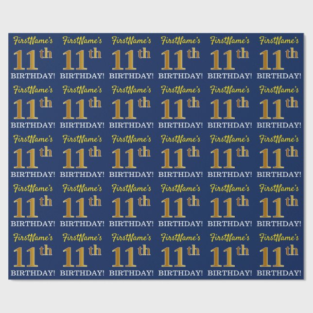 Blau, Nachahmung Gold Look "11. GEBURTSTAG" Geschenkpapier (Flach)