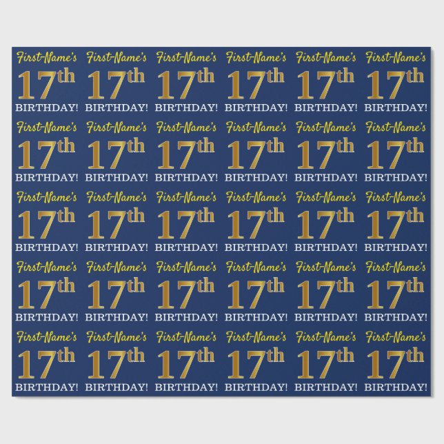 Blau, Nachahmung Gold Look "17. GEBURTSTAG" Geschenkpapier (Flach)