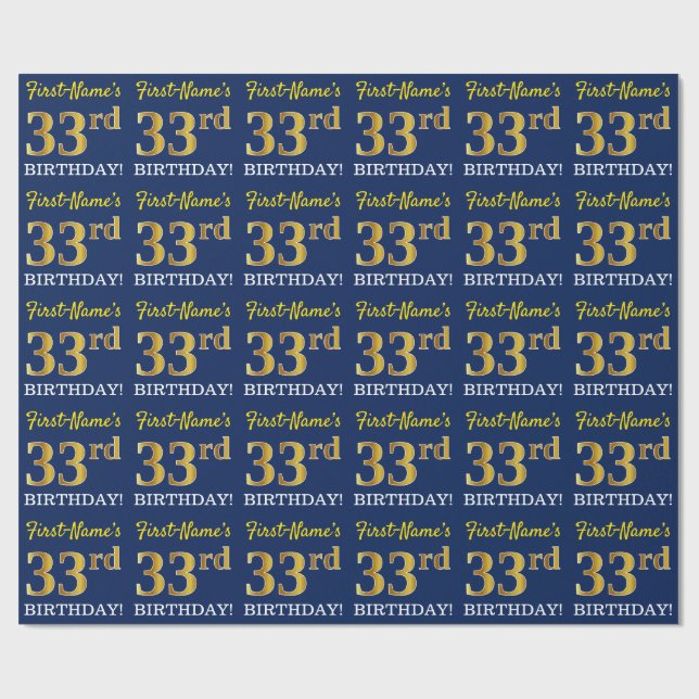 Blau, Nachahmung Gold Look "33. BIRTHTAG" Geschenkpapier (Flach)