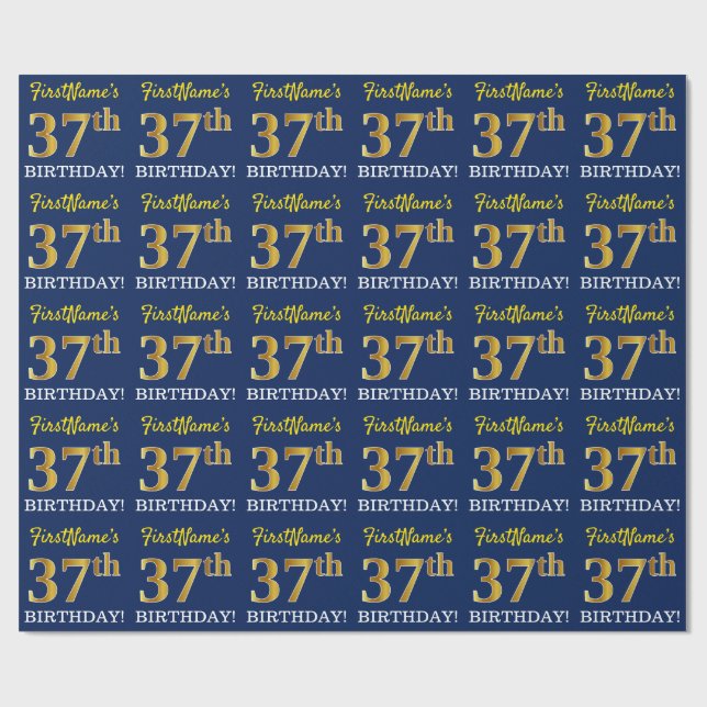Blau, Nachahmung Gold Look "37. BIRTHDAY" Geschenkpapier (Flach)