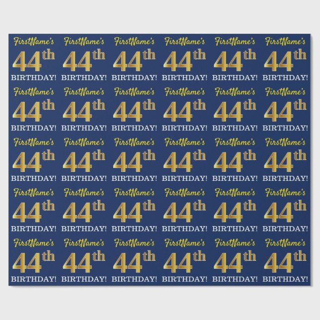 Blau, Nachahmung Gold Look "44. GEBURTSTAG" Geschenkpapier (Flach)